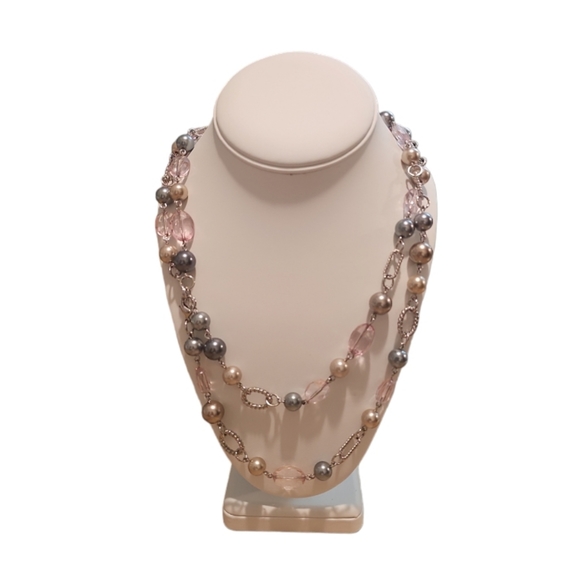 Long Premier Designs Silver Plated Faux Pearl Beaded Vintage 90'es Necklace - Picture 3 of 5